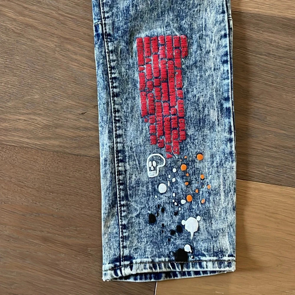 Reason Mens Blue Legend Born Graphic Paint Splatter Patch Straight Jeans Size 36 - Picture 7 of 12